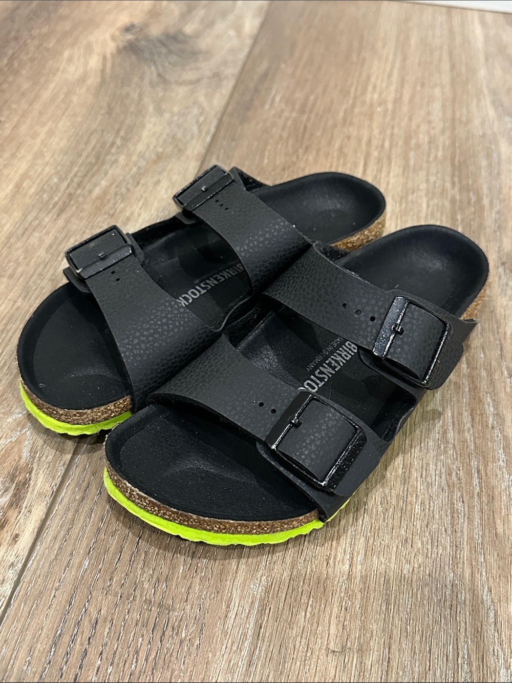 Kids Birkenstocks Arizona Sandals, Black with Neon Green Soles! Size 33